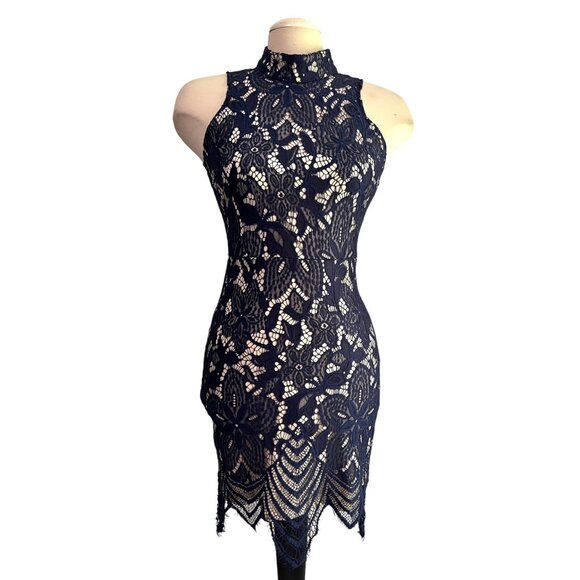 Lace Mock Neck Pencil Dress Fisoul Blue & Cream Sz Small Womens Sleeveless - Picture 1 of 12
